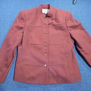 Valerie Stevens Petites Burgundy Wool Blazer Jacket 10P Collarless Button Front